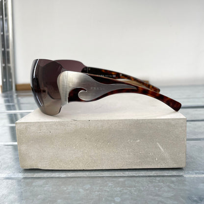 Prada Brown & Silver 00s Tortoise Shell Shield Sunglasses | O/S, Brown