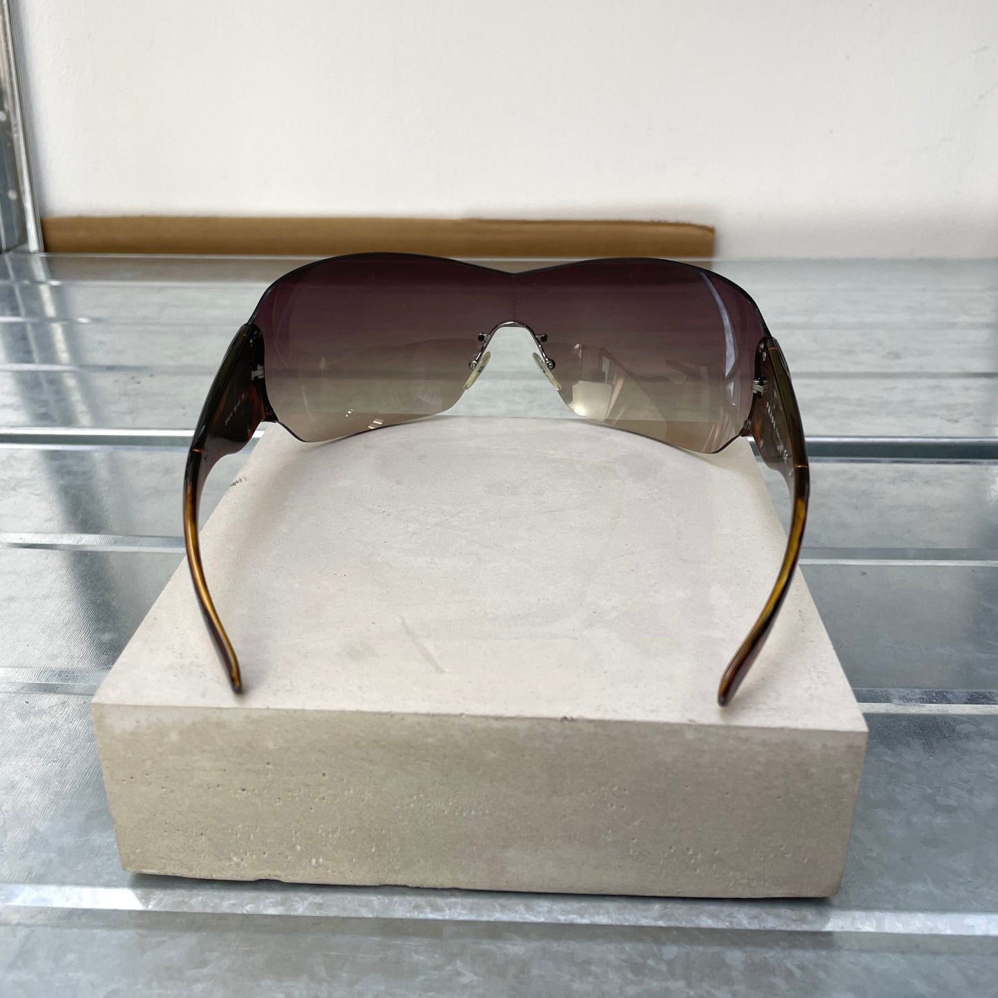 Prada Brown & Silver 00s Tortoise Shell Shield Sunglasses | O/S, Brown