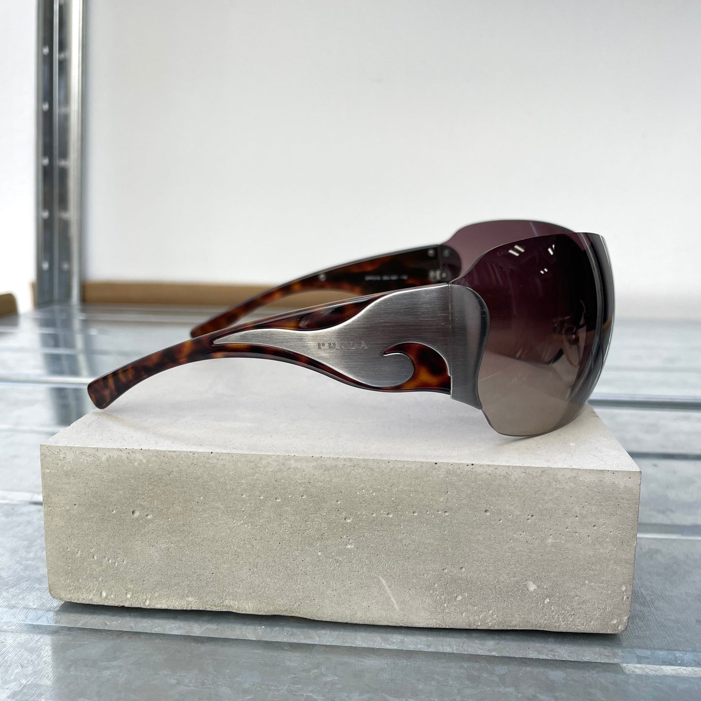 Prada Brown & Silver 00s Tortoise Shell Shield Sunglasses | O/S, Brown