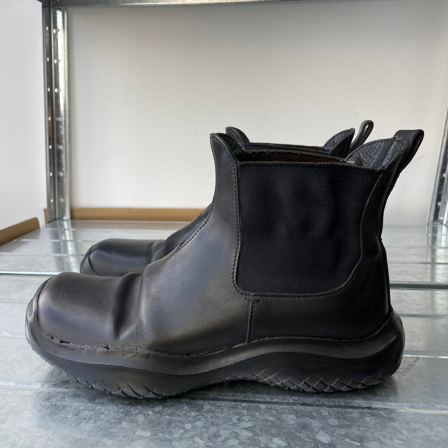 Prada Sport Black FW99 Runway Leather Square Toe Vibram Chelsea Boots | MEDIUM, Black