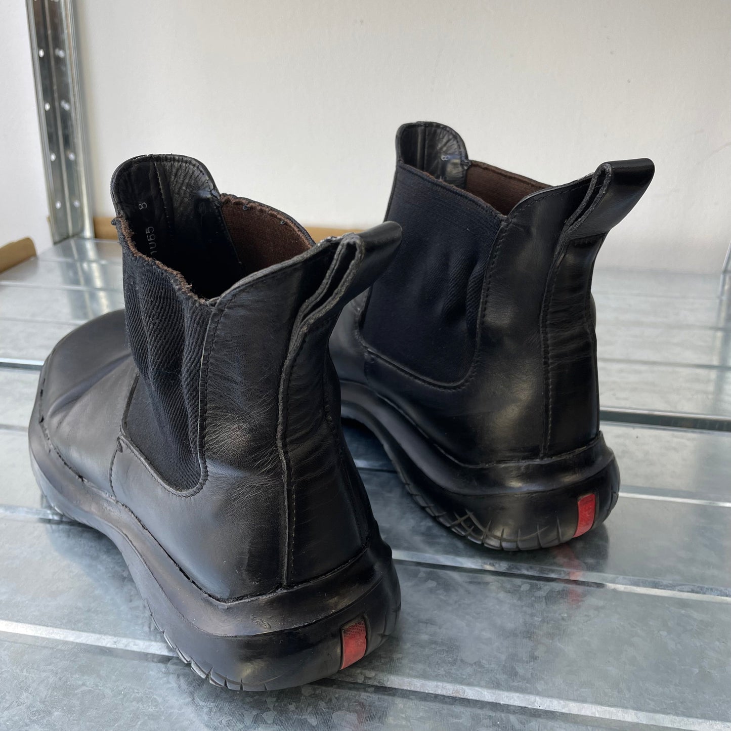 Prada Sport Black FW99 Runway Leather Square Toe Vibram Chelsea Boots | MEDIUM, Black