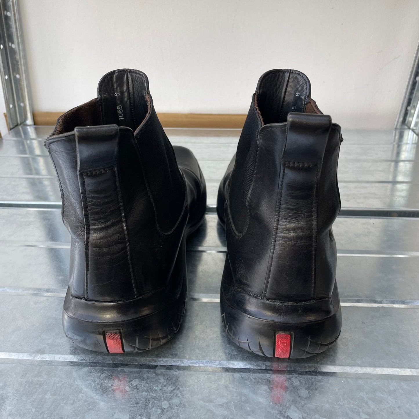 Prada Sport Black FW99 Runway Leather Square Toe Vibram Chelsea Boots | MEDIUM, Black