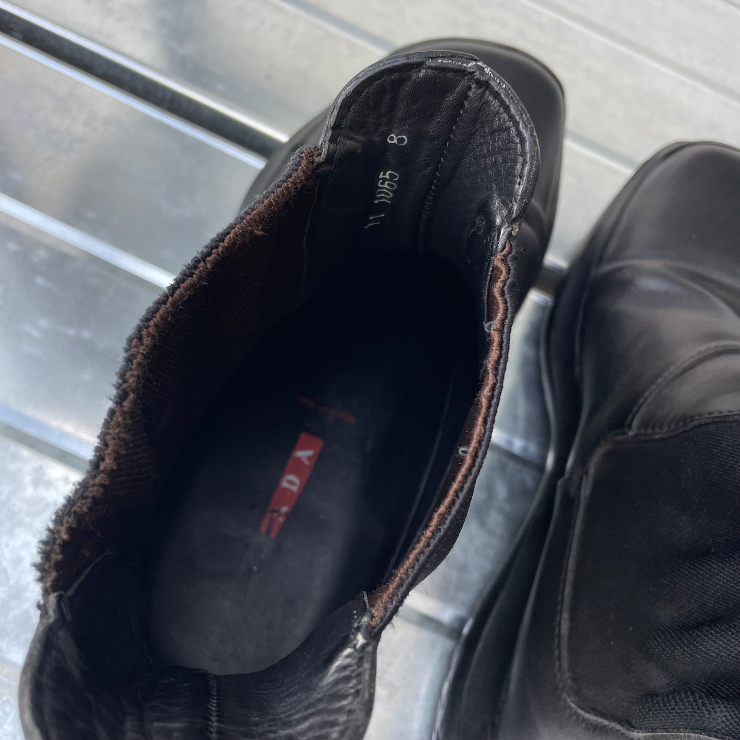 Prada Sport Black FW99 Runway Leather Square Toe Vibram Chelsea Boots | MEDIUM, Black