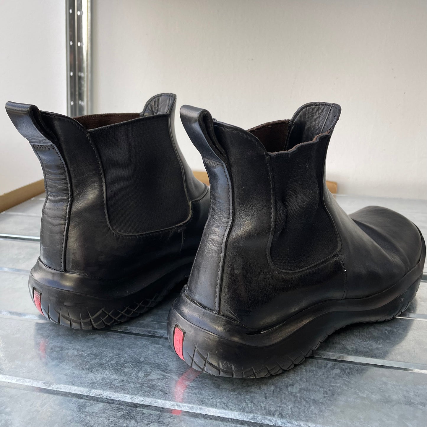 Prada Sport Black FW99 Runway Leather Square Toe Vibram Chelsea Boots | MEDIUM, Black