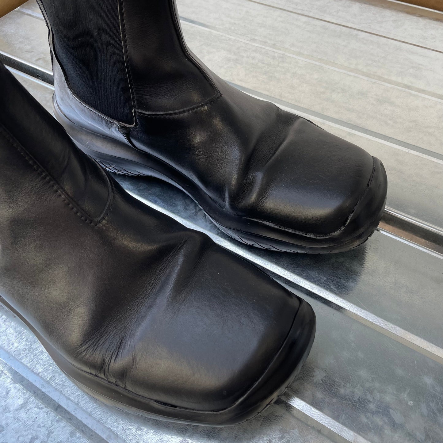 Prada Sport Black FW99 Runway Leather Square Toe Vibram Chelsea Boots | MEDIUM, Black