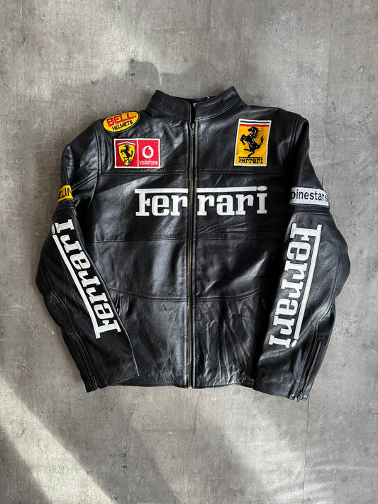 Ferrari Black Leather Spellout Moto Racing Jacket