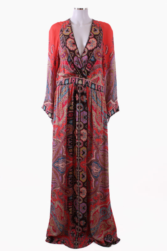 Etro L/S Paisley Maxi Dress Coral/ Lilac 16 | Default Title, Coral/Lilac