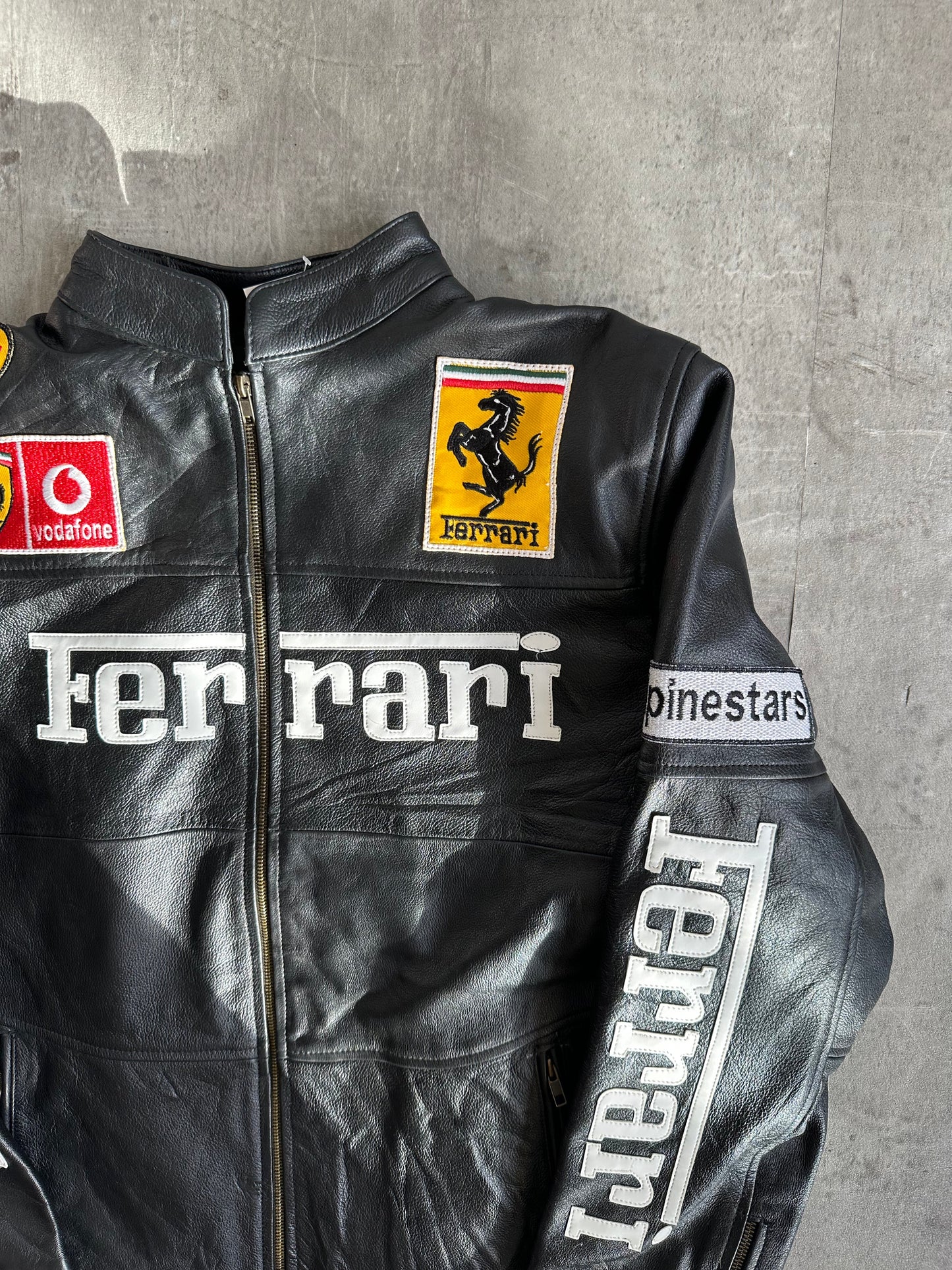 Ferrari Black Leather Spellout Moto Racing Jacket