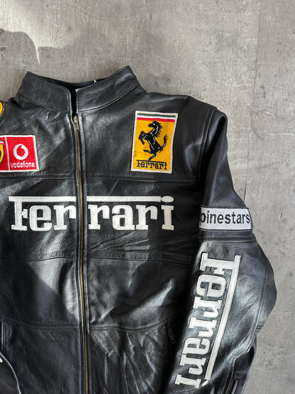Ferrari Black Leather Spellout Moto Racing Jacket