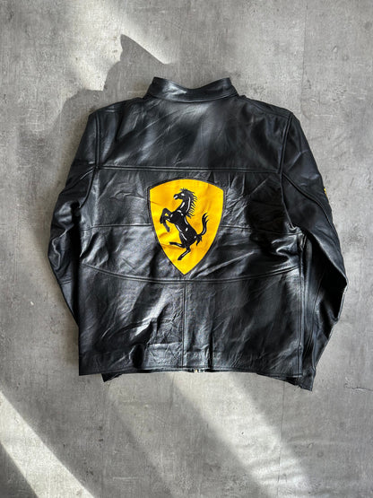 Ferrari Black Leather Spellout Moto Racing Jacket