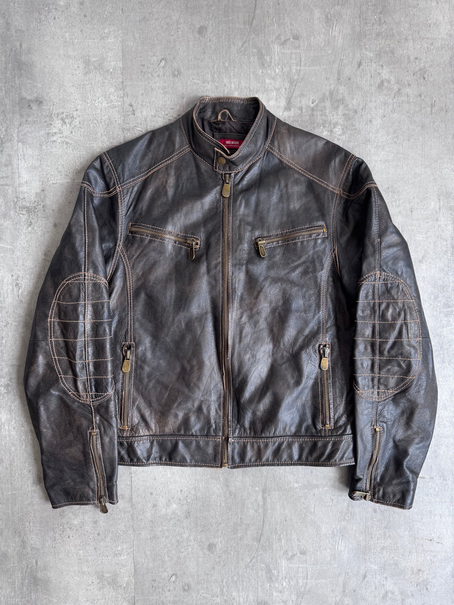 1990s Mid Munk Brown Contrast Stitch Leather Moto Jacket