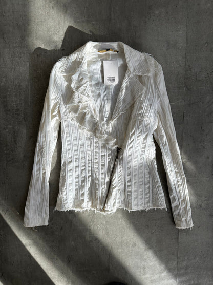 Cavalli White Textured Stripe Distressed Jacket
