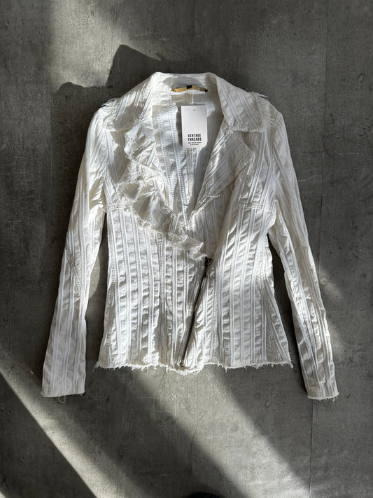 Cavalli White Textured Stripe Distressed Jacket