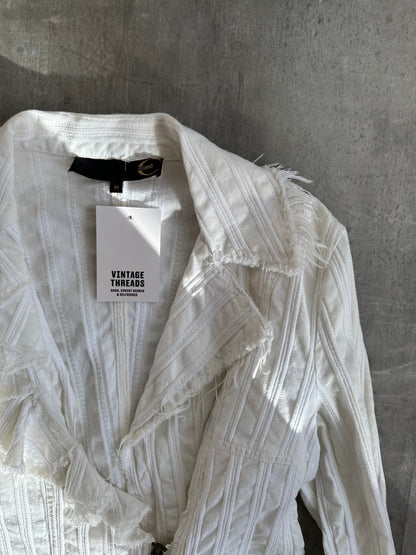 Cavalli White Textured Stripe Distressed Jacket