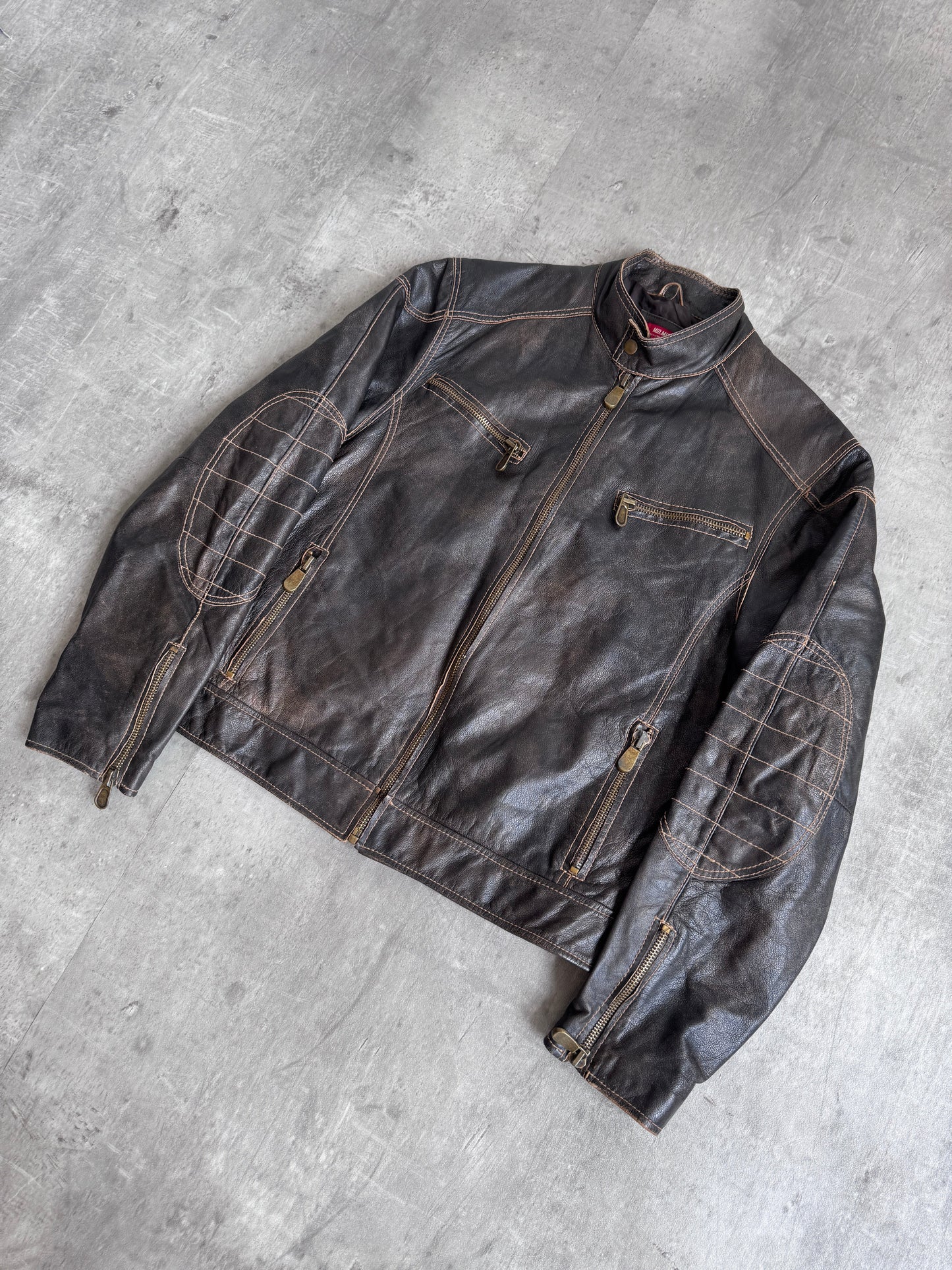 1990s Mid Munk Brown Contrast Stitch Leather Moto Jacket