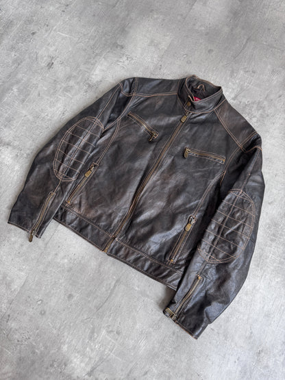 1990s Mid Munk Brown Contrast Stitch Leather Moto Jacket