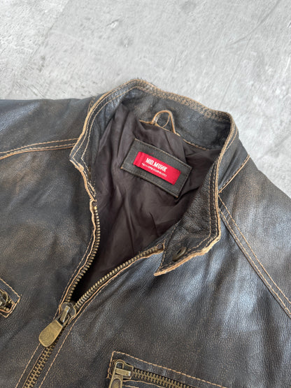 1990s Mid Munk Brown Contrast Stitch Leather Moto Jacket