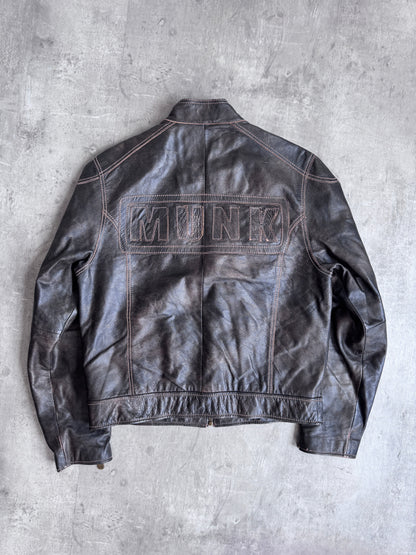 1990s Mid Munk Brown Contrast Stitch Leather Moto Jacket