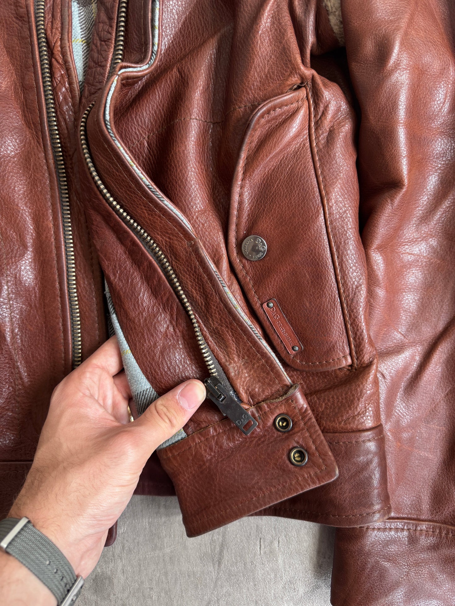 D&G Brown Sherpa Trim Leather Jacket
