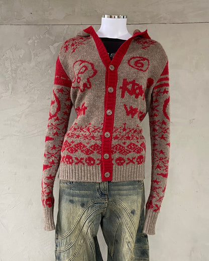 DIESEL 2000'S KNIT BUTTON UP GRAPHIC CARDIGAN - L | Large, Red