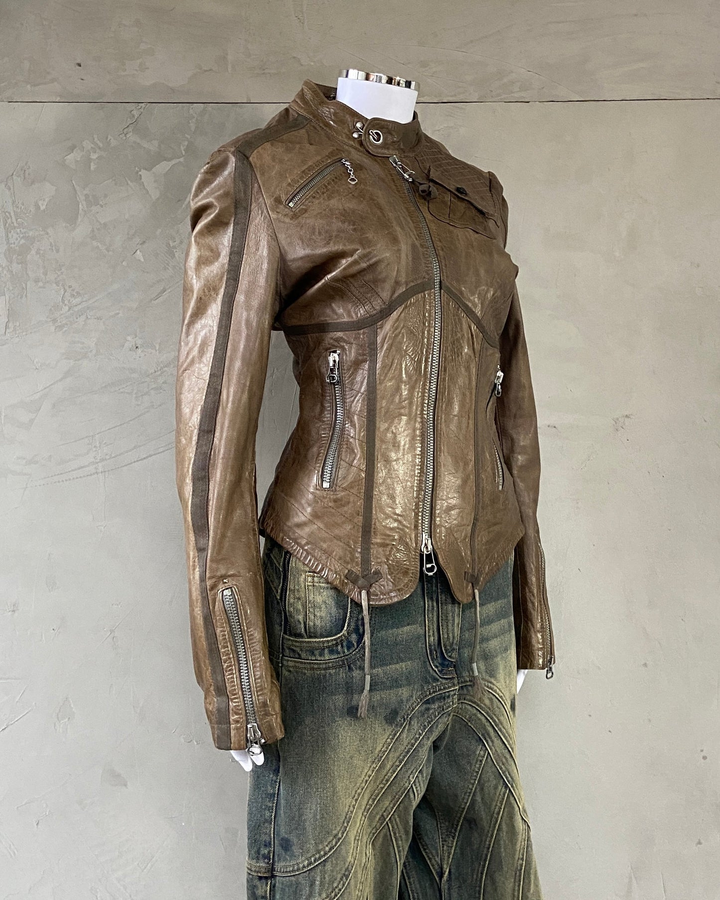 DIESEL CORSET MOTO LEATHER JACKET - L | Large, Brown