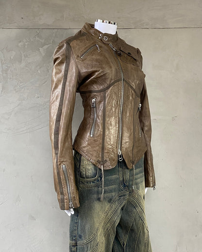 DIESEL CORSET MOTO LEATHER JACKET - L | Large, Brown