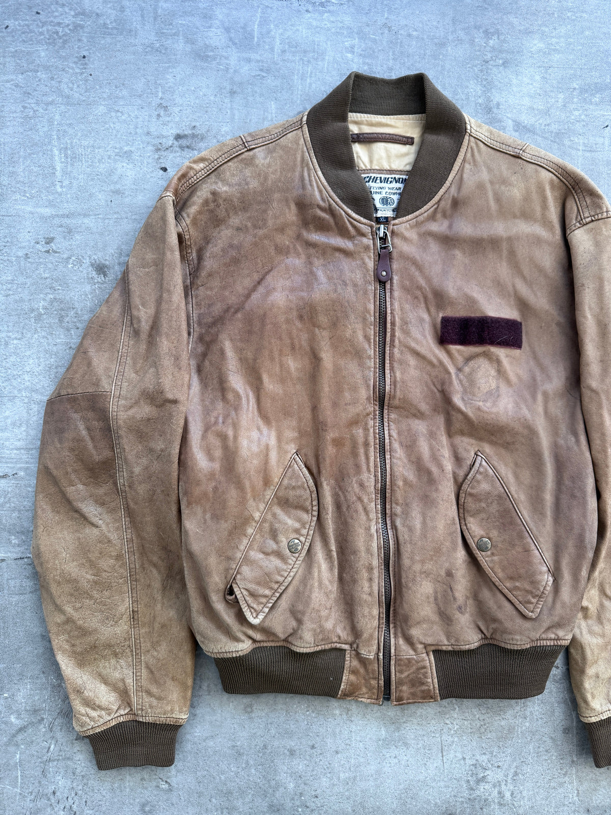 Chevignon Rough Style Tan Leather Bomber Jacket | Extra Large, Multicoloured