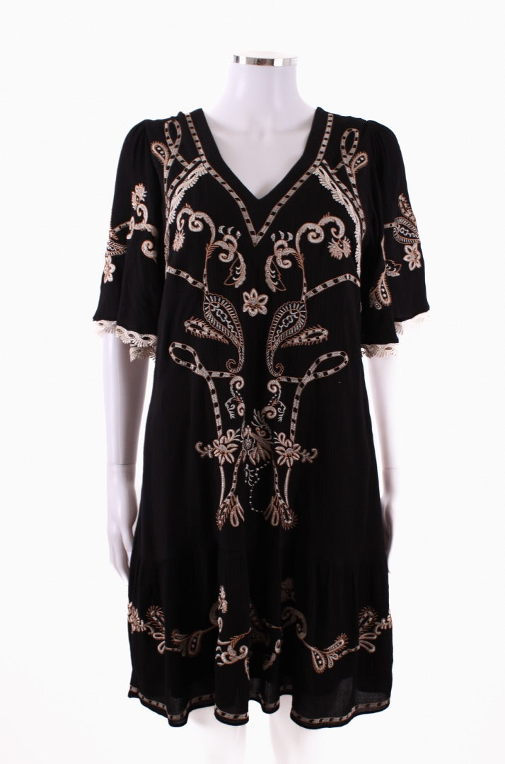 Hale Bob flouncy sleeve embroidered  dress Black S | Default Title, Black