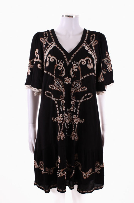 Hale Bob flouncy sleeve embroidered  dress Black S | Small, Black