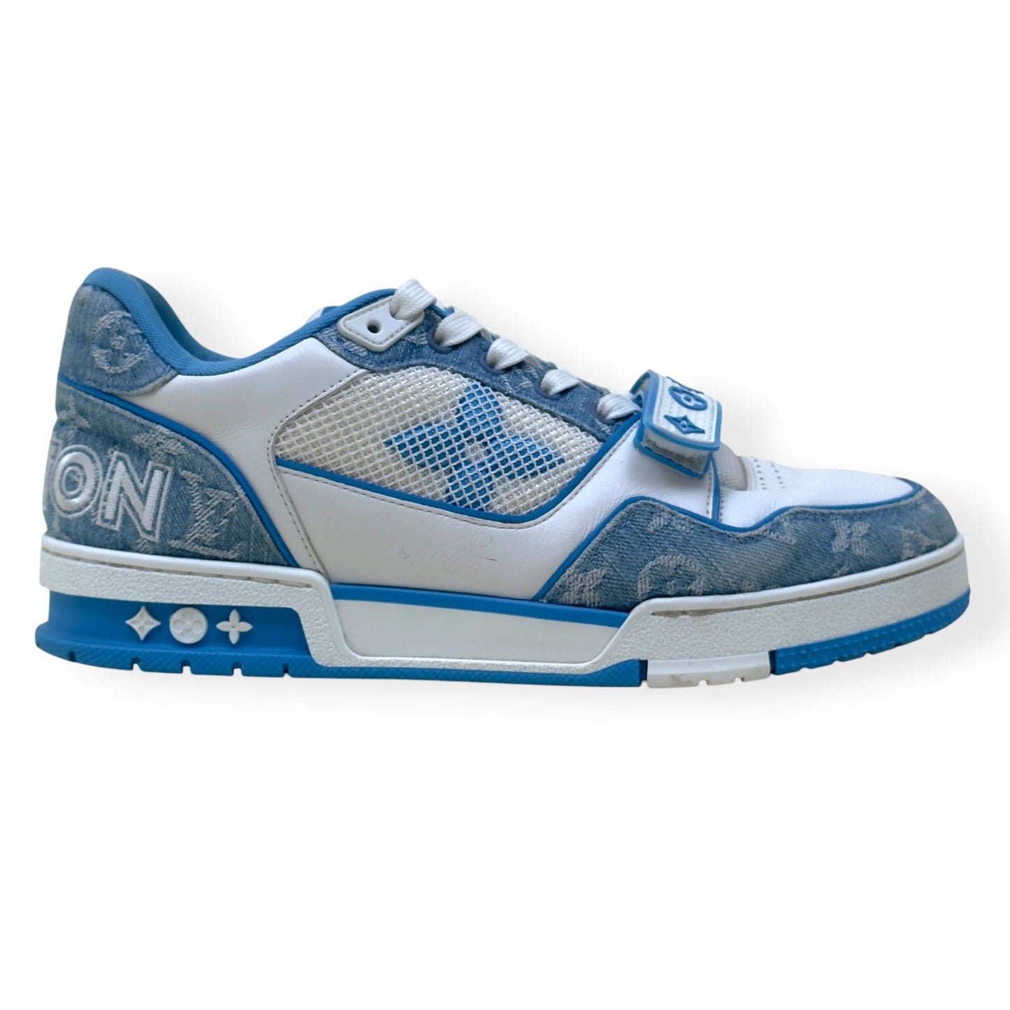 LOUIS VUITTON LV TRAINER MONOGRAM DENIM SNEAKER BLUE / WHITE UK7.5 | UK 7.5, Blue