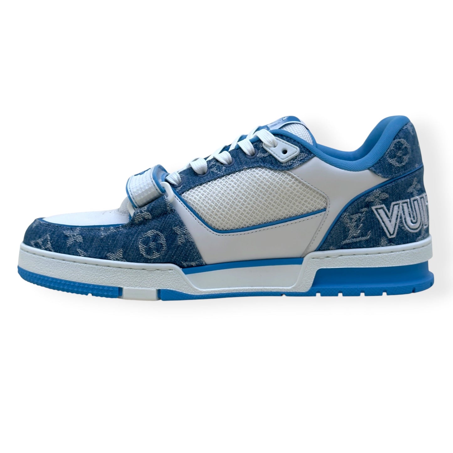 LOUIS VUITTON LV TRAINER MONOGRAM DENIM SNEAKER BLUE / WHITE UK9.5 | UK 9.5, Blue
