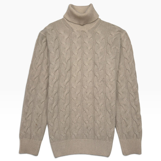 THOM SWEENEY MERINO WOOL / SILK CABLE KNIT ROLL NECK JUMPER CREAM M | Medium, Cream