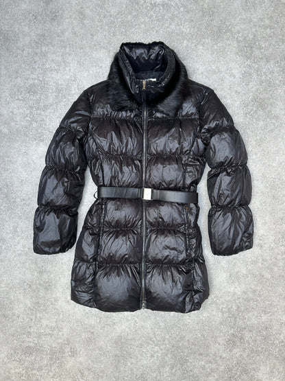 Prada Nutria Fur Trimmed Leather Belted Mid-Length Puffer Down Jacket