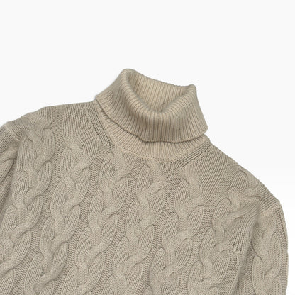 THOM SWEENEY MERINO WOOL / SILK CABLE KNIT ROLL NECK JUMPER CREAM M | Medium, Cream