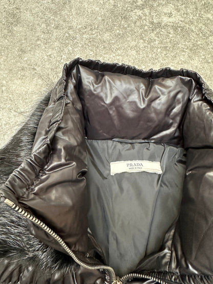 Prada Nutria Fur Trimmed Leather Belted Mid-Length Puffer Down Jacket