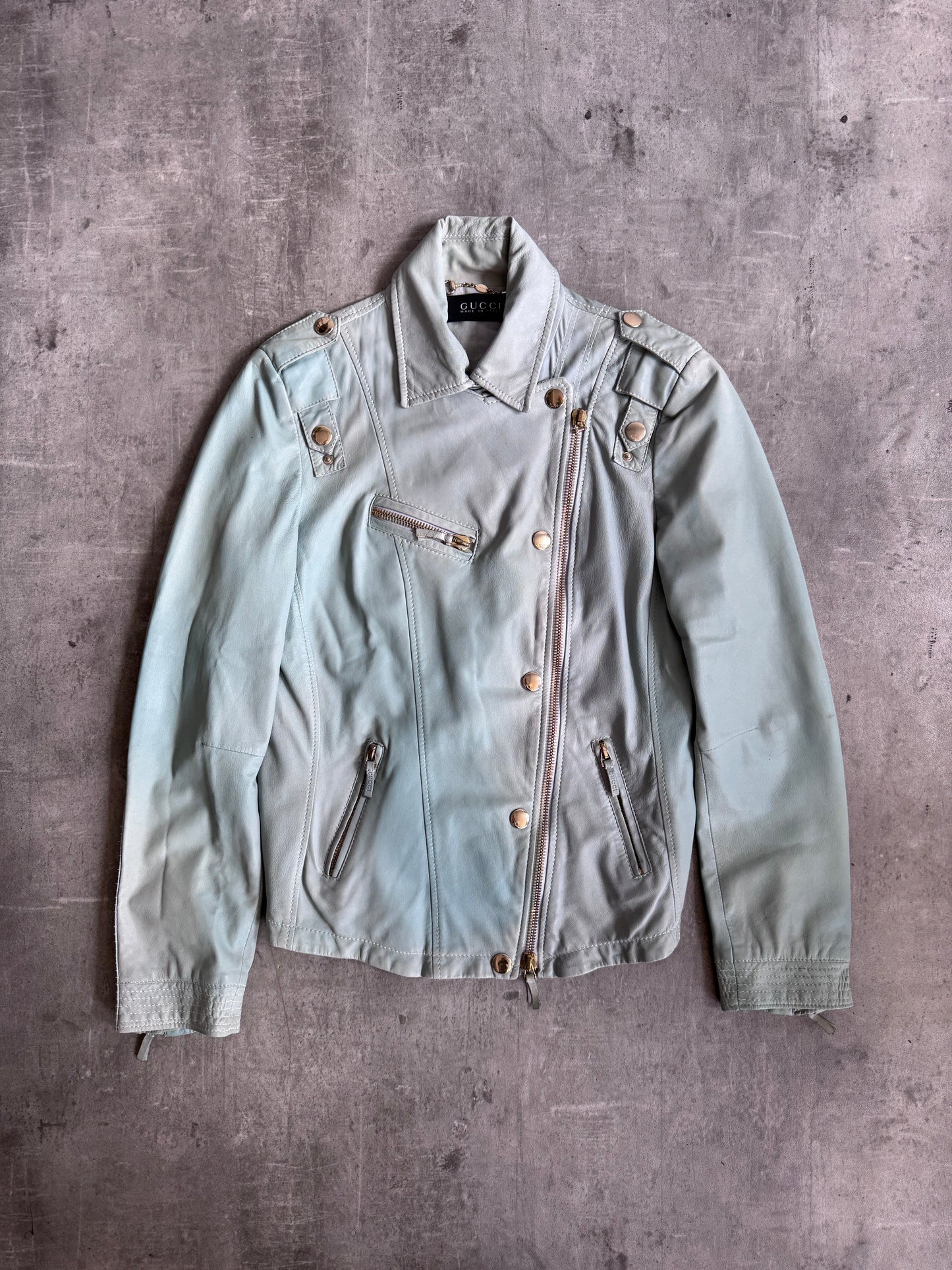 Gucci Teal Blue Lambskin Leather Biker Jacket