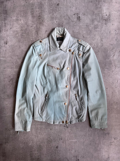 Gucci Teal Blue Lambskin Leather Biker Jacket