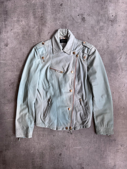 Gucci Teal Blue Lambskin Leather Biker Jacket