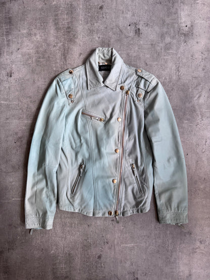 Gucci Teal Blue Lambskin Leather Biker Jacket