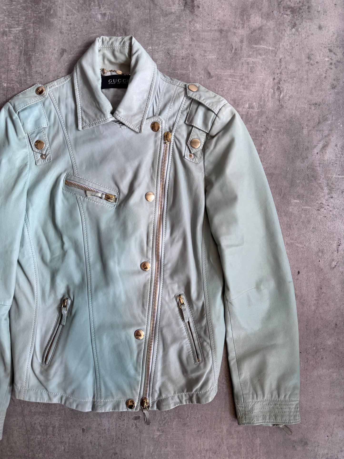 Gucci Teal Blue Lambskin Leather Biker Jacket