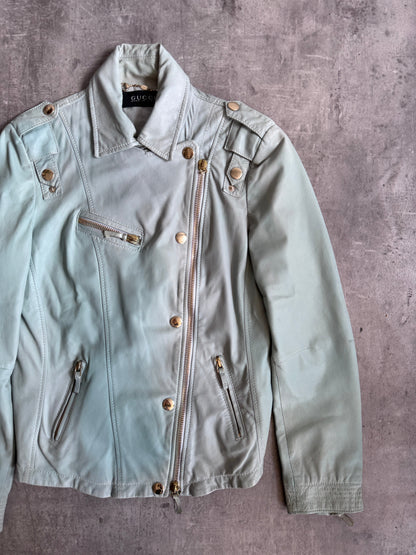 Gucci Teal Blue Lambskin Leather Biker Jacket