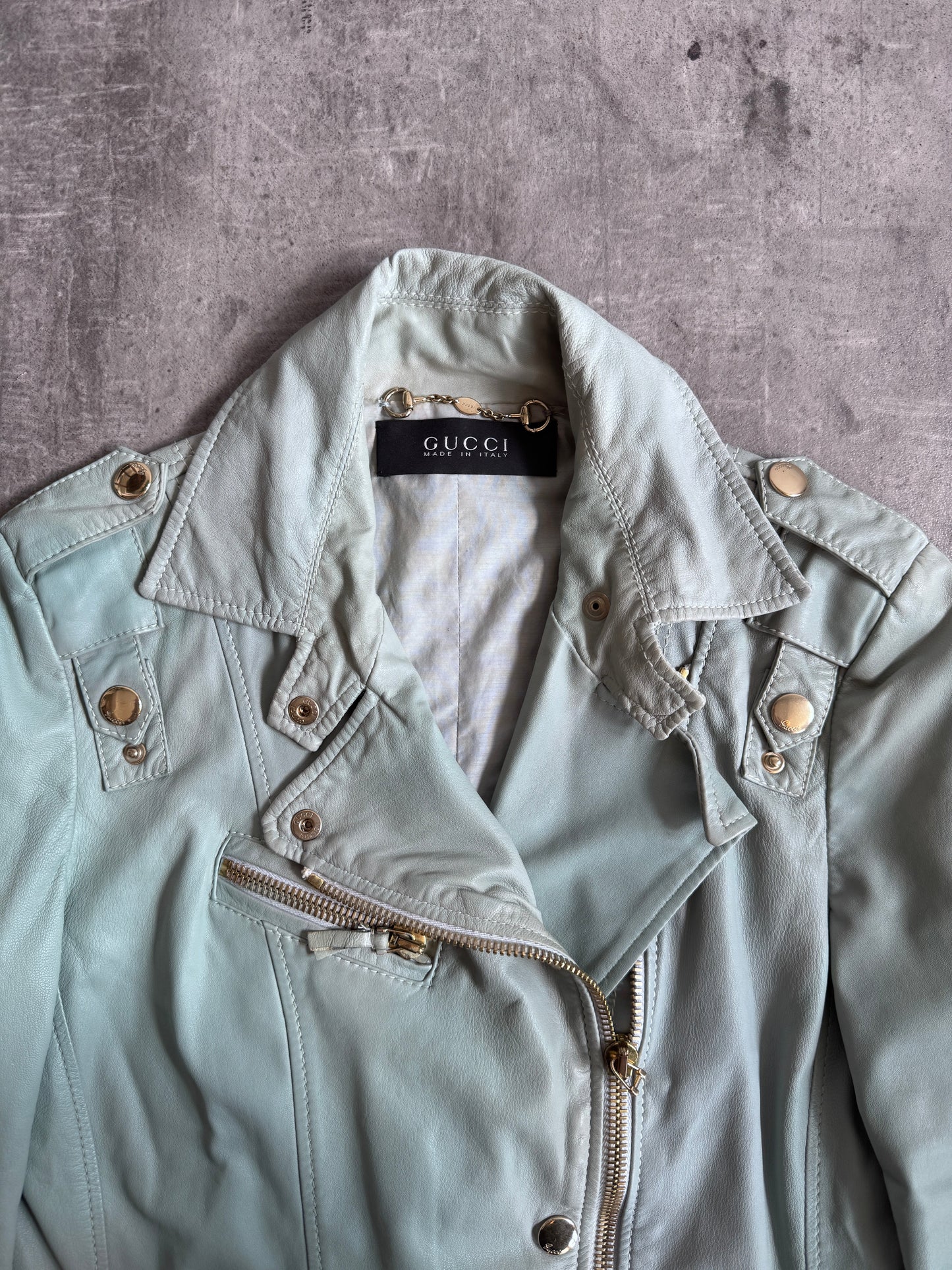 Gucci Teal Blue Lambskin Leather Biker Jacket