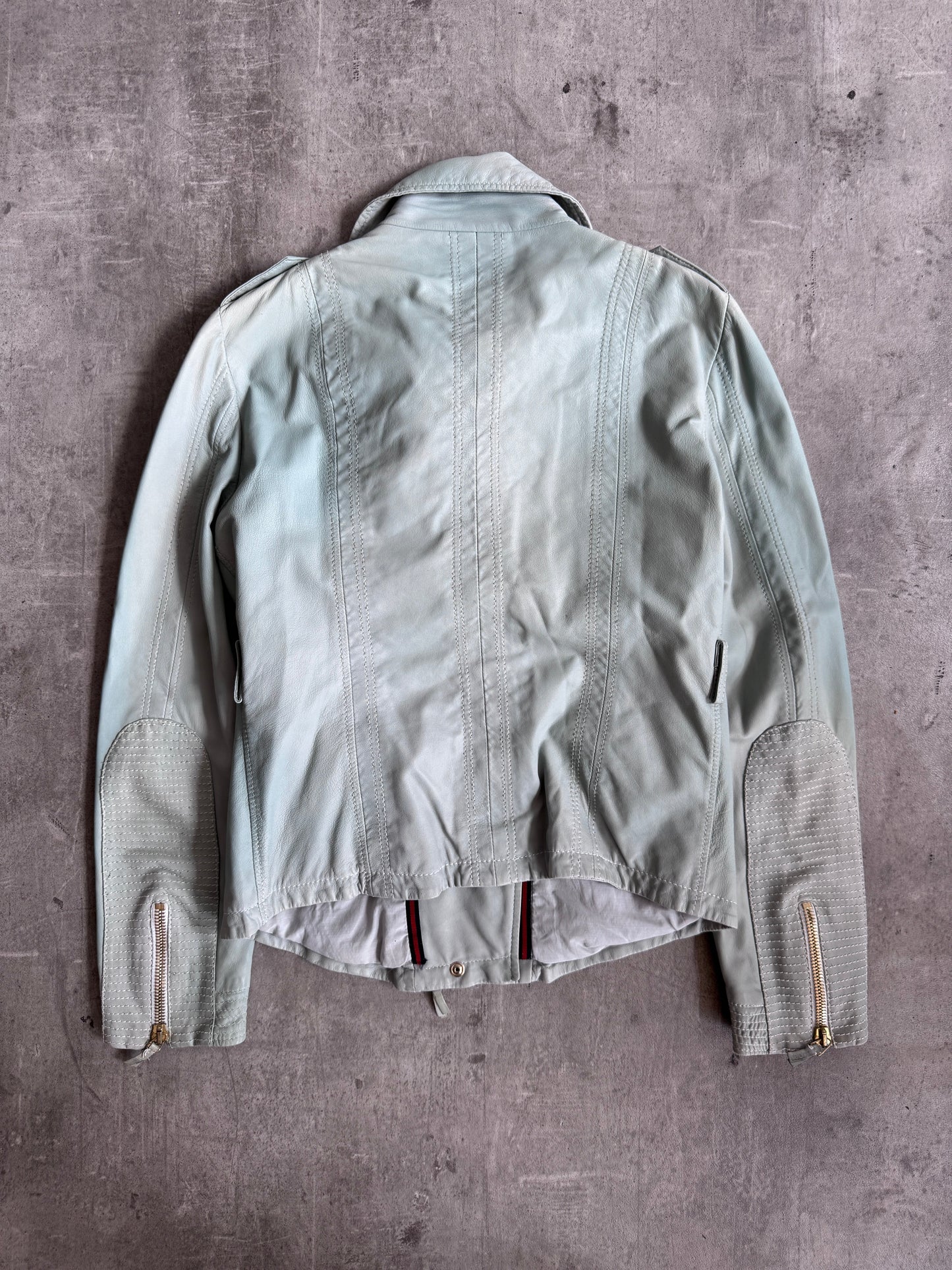 Gucci Teal Blue Lambskin Leather Biker Jacket