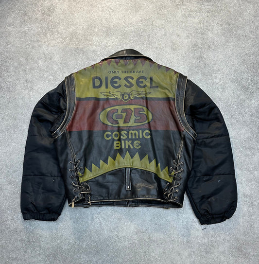 Diesel C-75 Printed Logo Detachable Nylon Sleeves Leather Biker Jacket