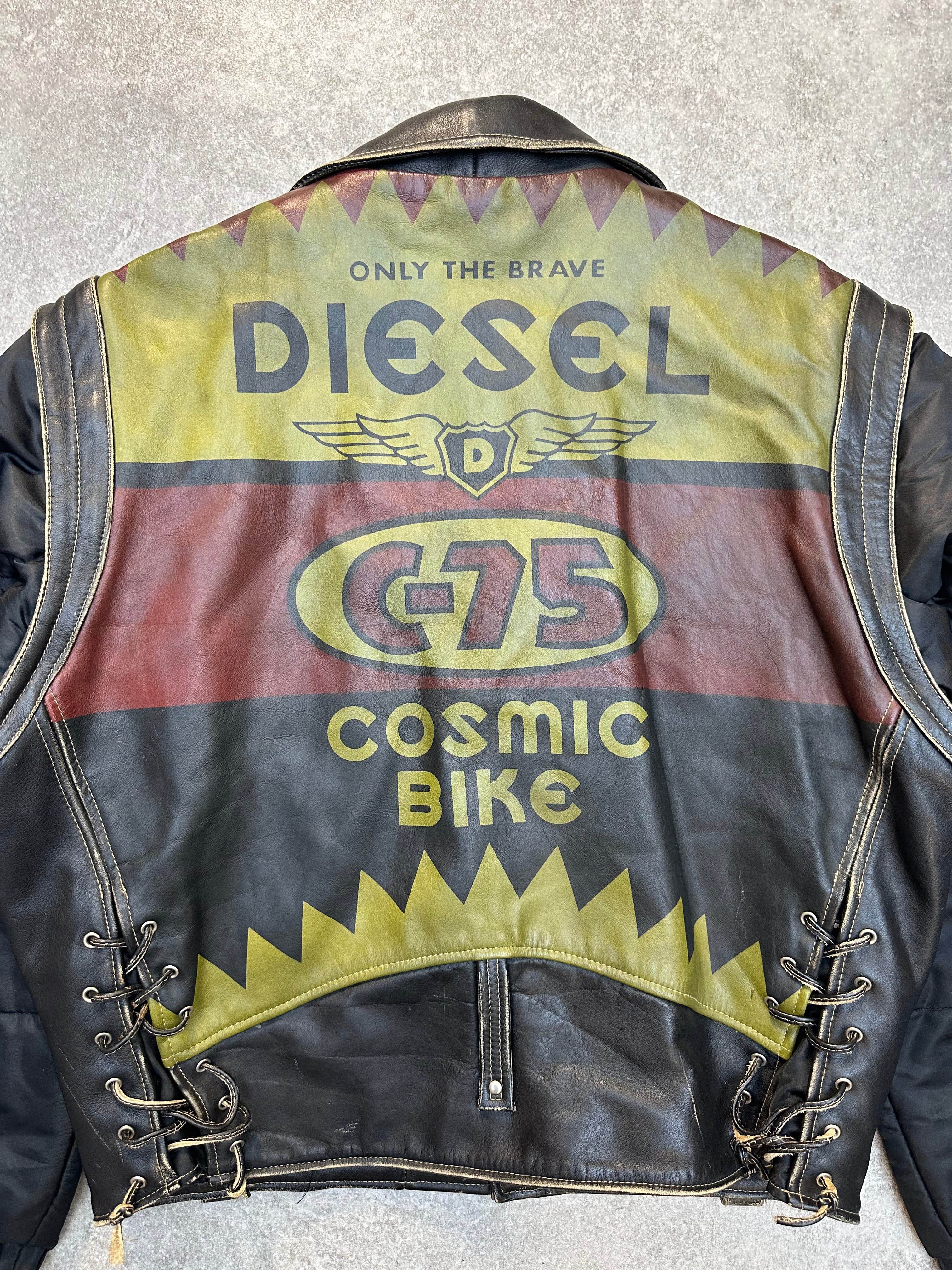 Diesel C 75 Printed Logo Detachable Nylon Sleeves Leather Biker Jacket