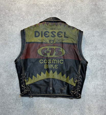 Diesel C-75 Printed Logo Detachable Nylon Sleeves Leather Biker Jacket