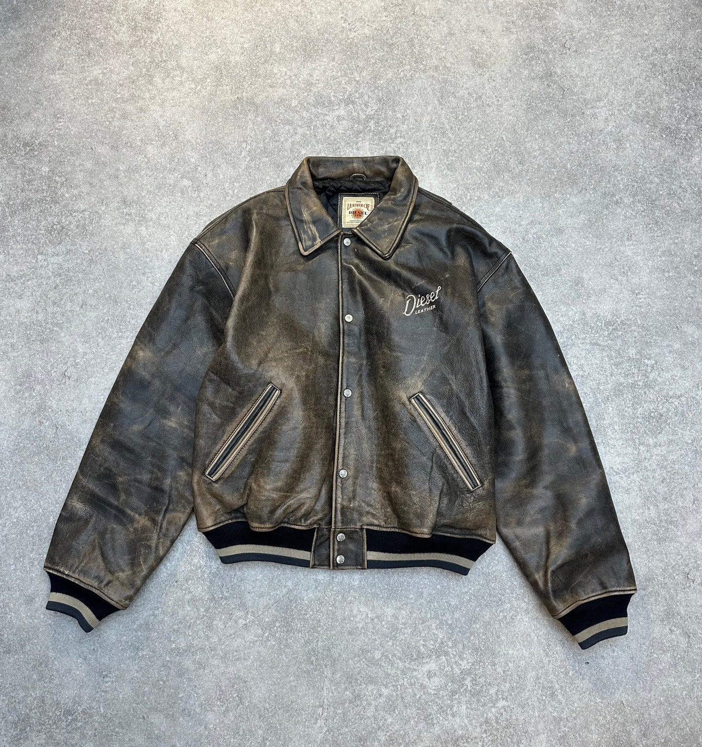 Diesel Logo Embroidered Oversized Distressed Leather Bomber Jacket