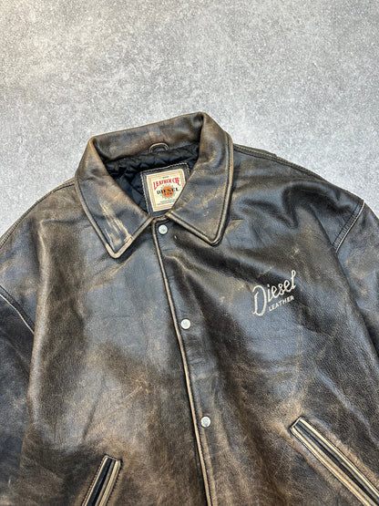 Diesel Logo Embroidered Oversized Distressed Leather Bomber Jacket