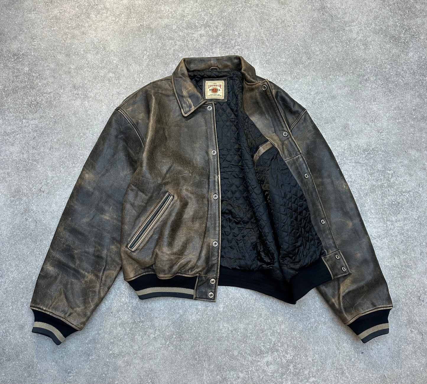 Diesel Logo Embroidered Oversized Distressed Leather Bomber Jacket