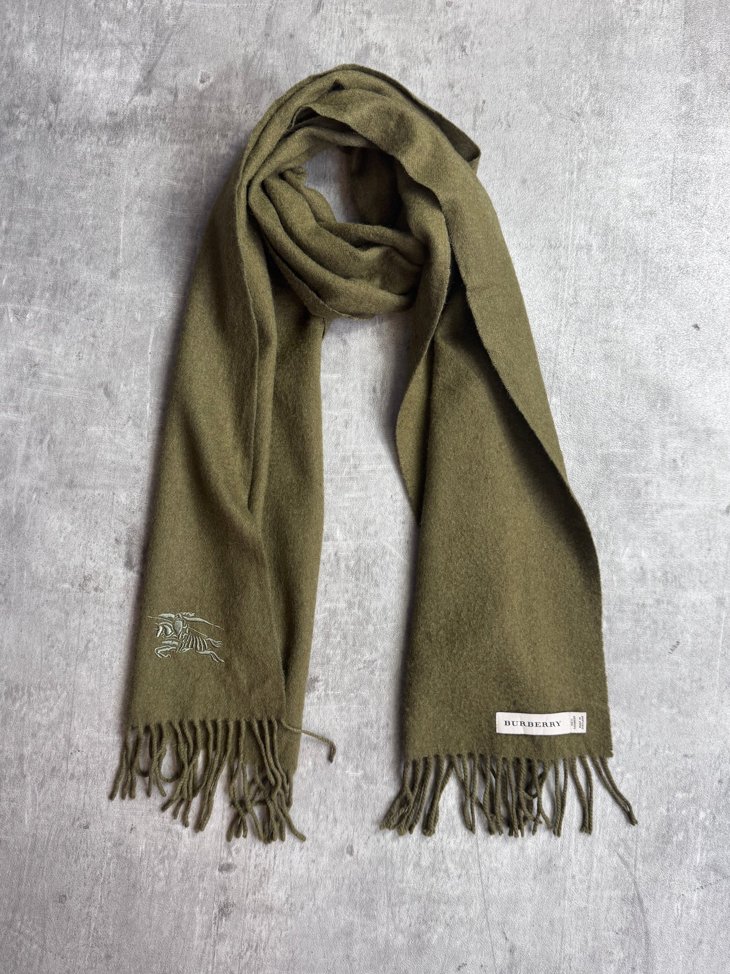 Burberry Khaki 100% Cashmere Embroidered Scarf